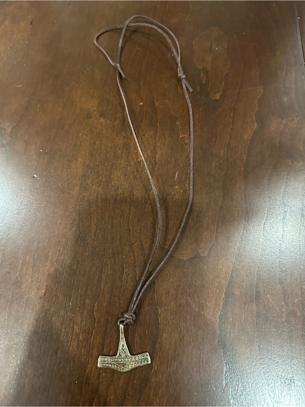 Brown Leather Cord Necklace with Bronze Thor's Hammer Pendant